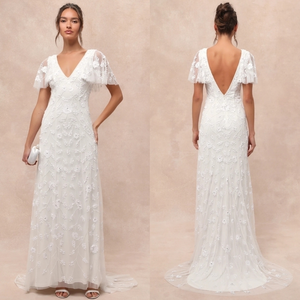 Lulus Safiya White Sequin Flutter Sleeve Maxi Dress XS Wedding Party Bridal
